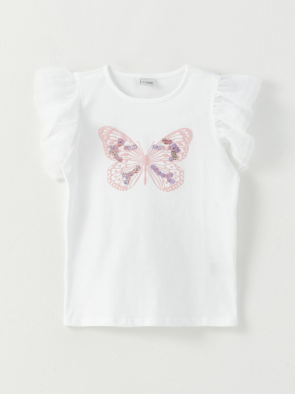 Beyaz Bisiklet Yaka Baskılı Kısa Kollu Kız Çocuk Tişört-2