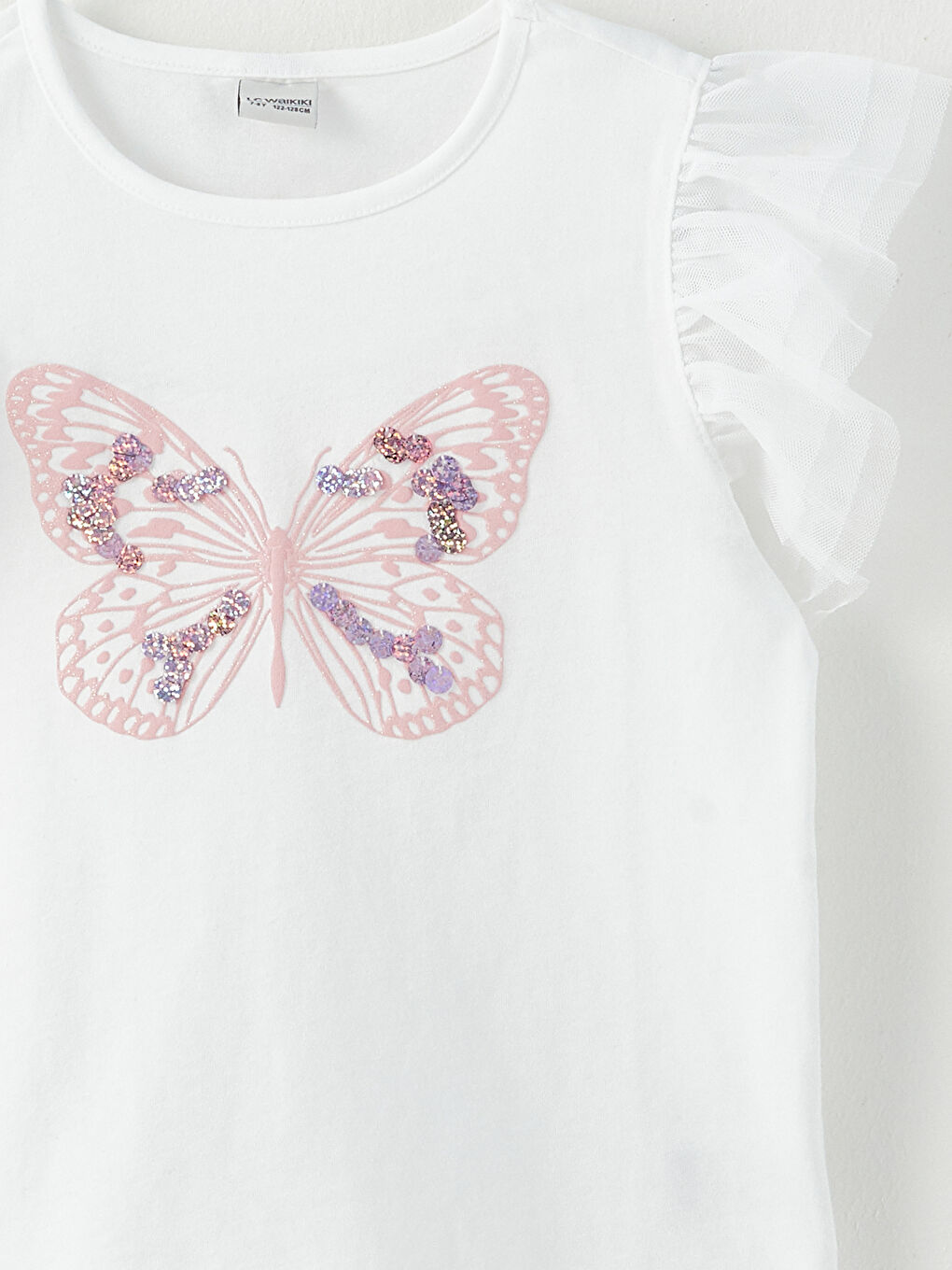 Beyaz Bisiklet Yaka Baskılı Kısa Kollu Kız Çocuk Tişört-4