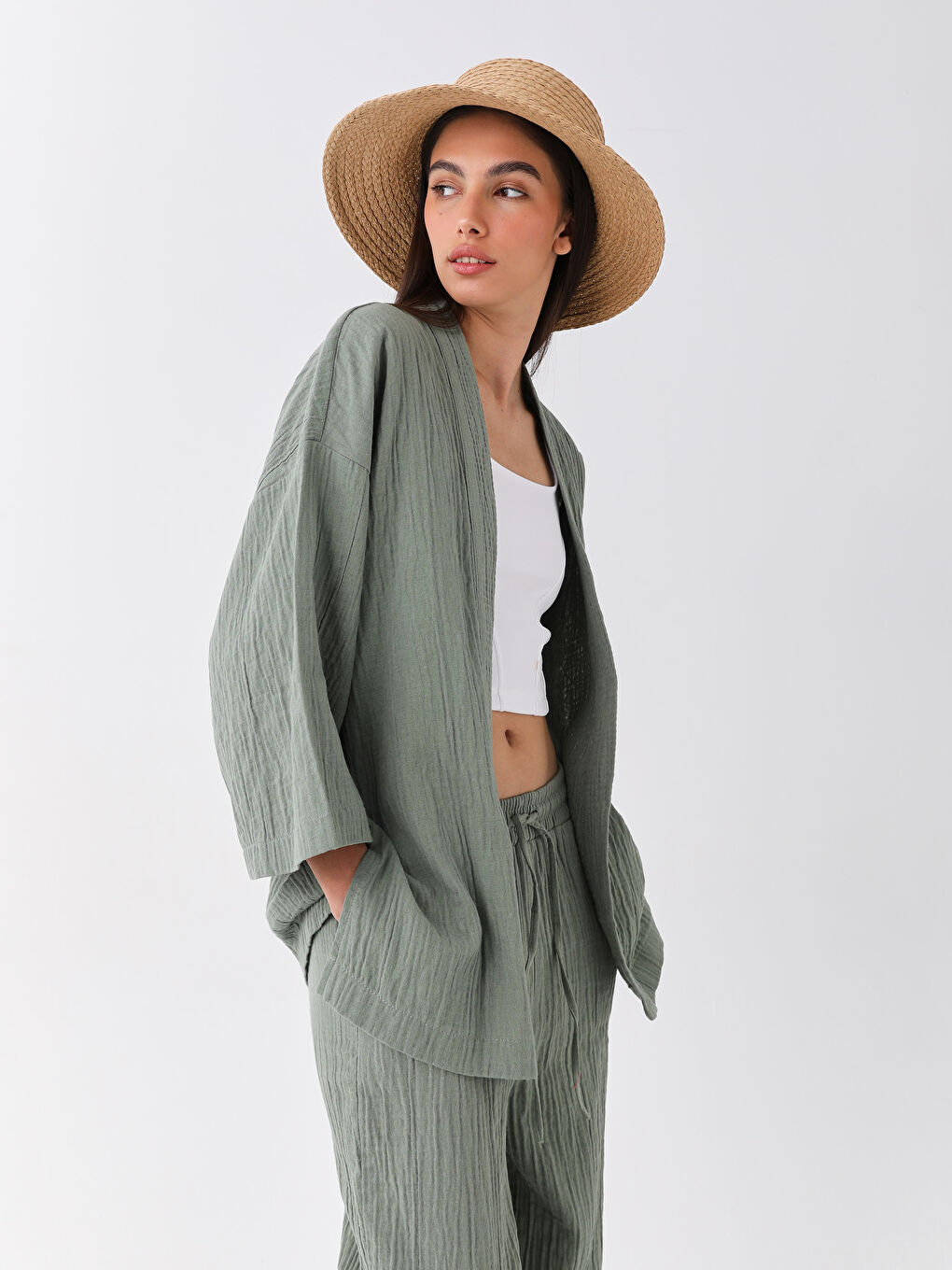 Shawl Collar Plain Oversize Women's Kimono -S3AE69Z8-GN2