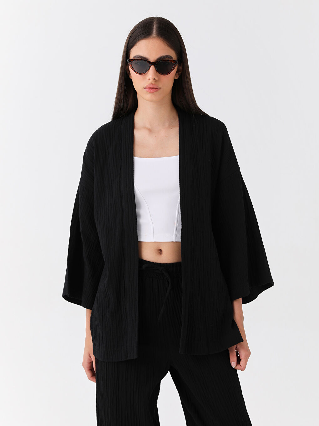 Siyah Şal Yaka Düz Oversize Kadın Kimono