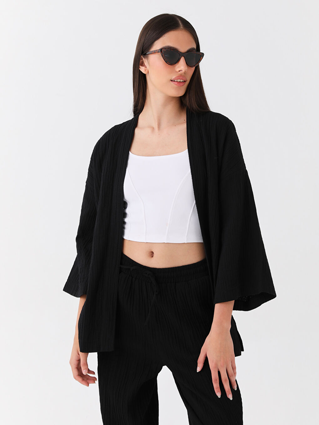 Siyah Şal Yaka Düz Oversize Kadın Kimono-2