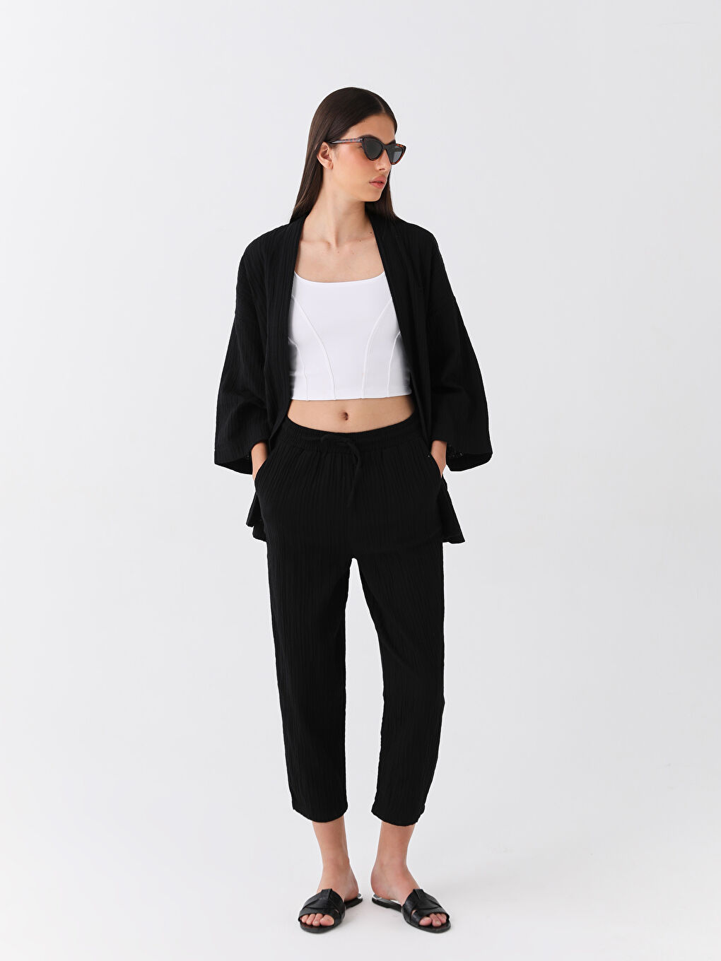 Siyah Şal Yaka Düz Oversize Kadın Kimono-4