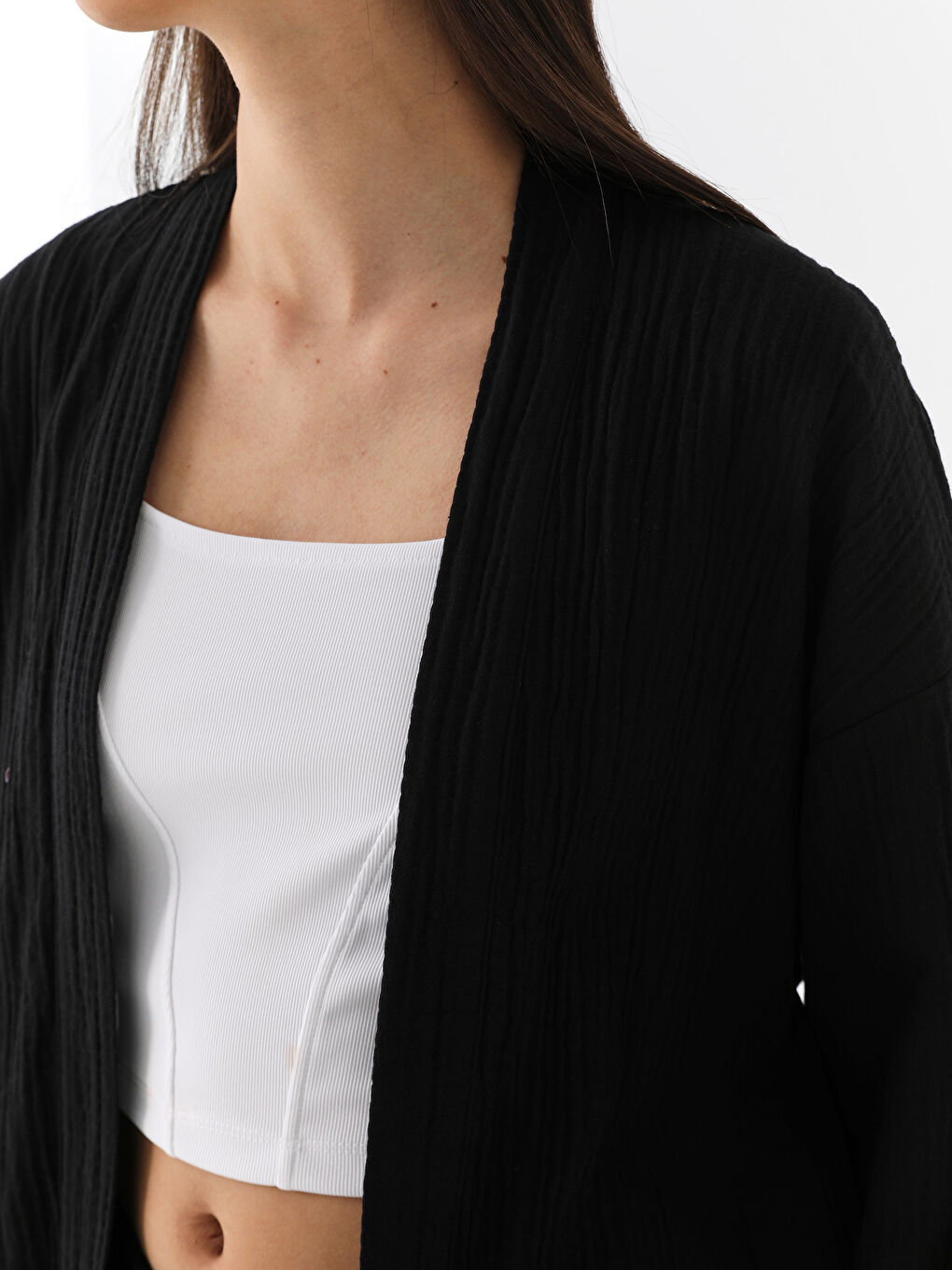 Siyah Şal Yaka Düz Oversize Kadın Kimono-5