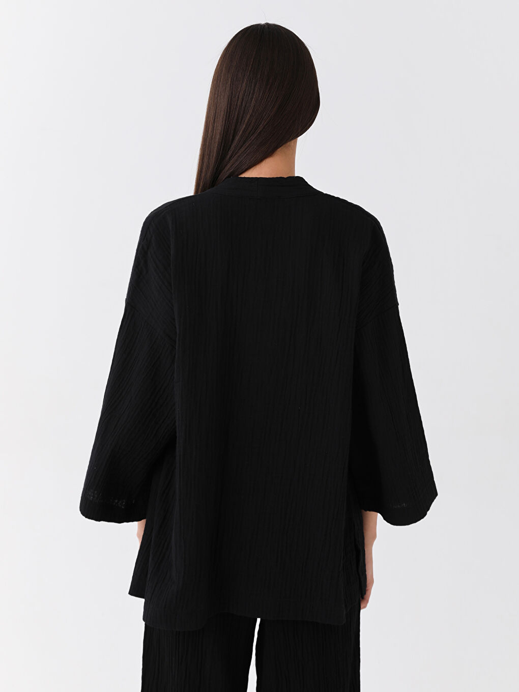 Siyah Şal Yaka Düz Oversize Kadın Kimono-6