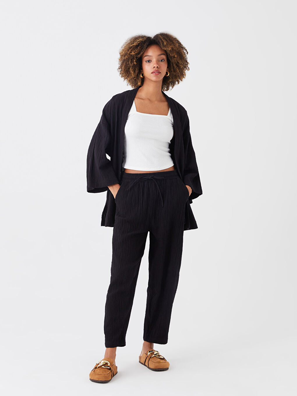 Siyah Şal Yaka Düz Oversize Kadın Kimono-1