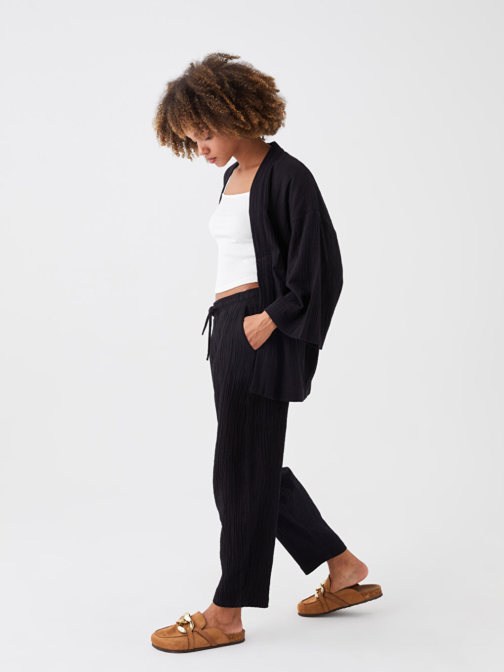 Siyah Şal Yaka Düz Oversize Kadın Kimono-3