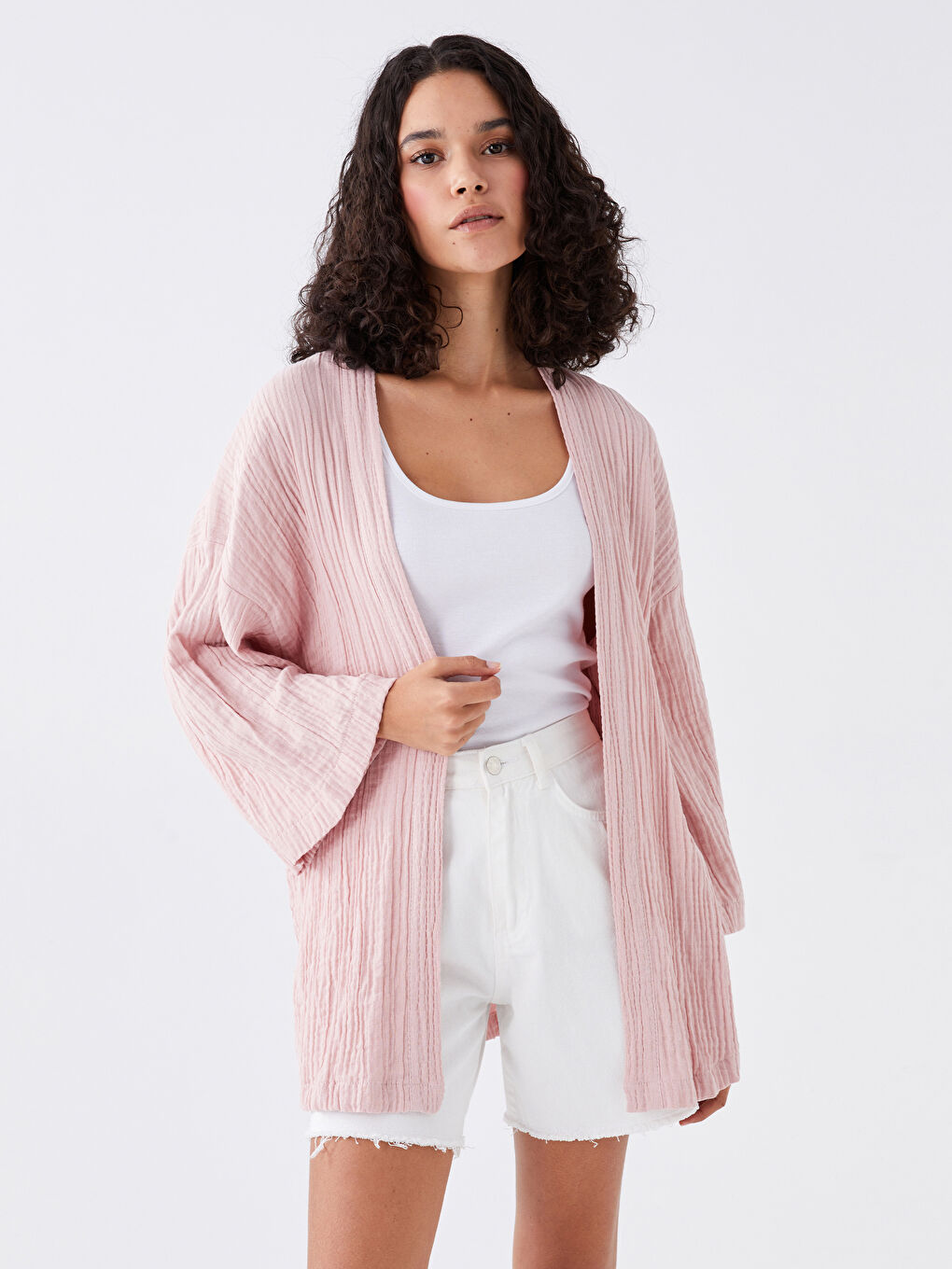 Pembe Şal Yaka Düz Oversize Kadın Kimono