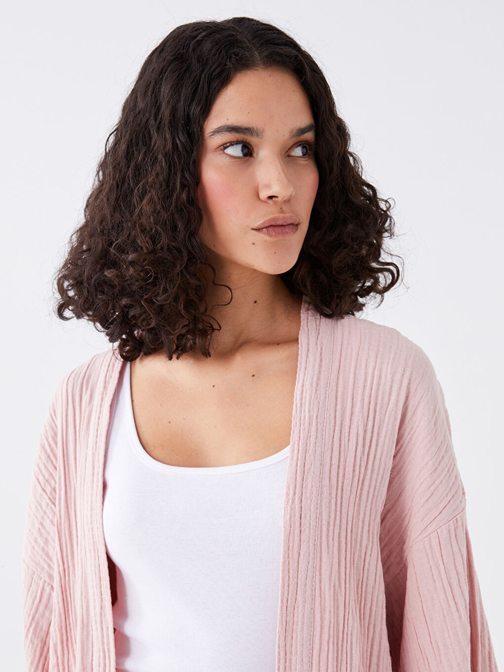 Pembe Şal Yaka Düz Oversize Kadın Kimono-1