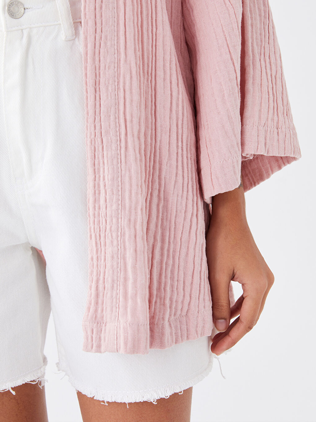 Pembe Şal Yaka Düz Oversize Kadın Kimono-3