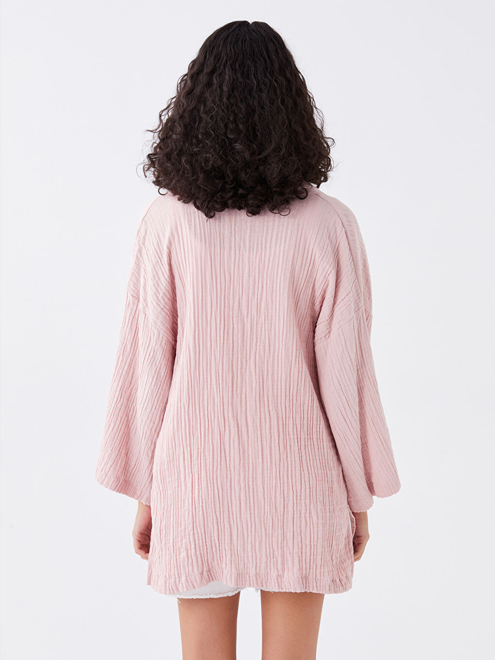 Pembe Şal Yaka Düz Oversize Kadın Kimono-4