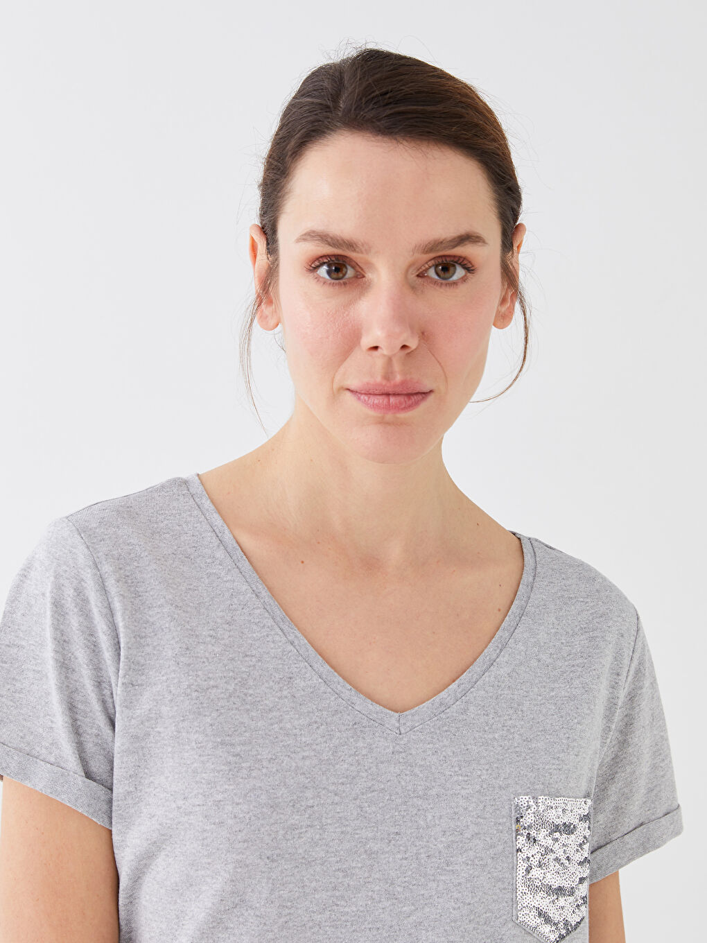 V-Neck Sequin Embroidered Short Sleeve Women's T-Shirt-1