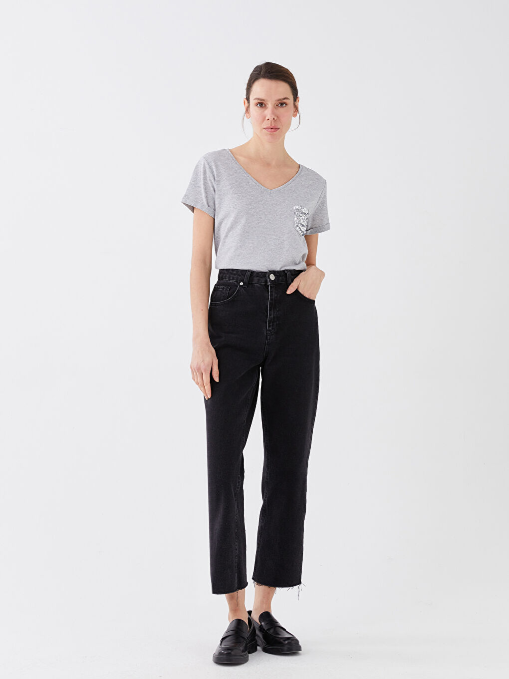 V-Neck Sequin Embroidered Short Sleeve Women's T-Shirt-2