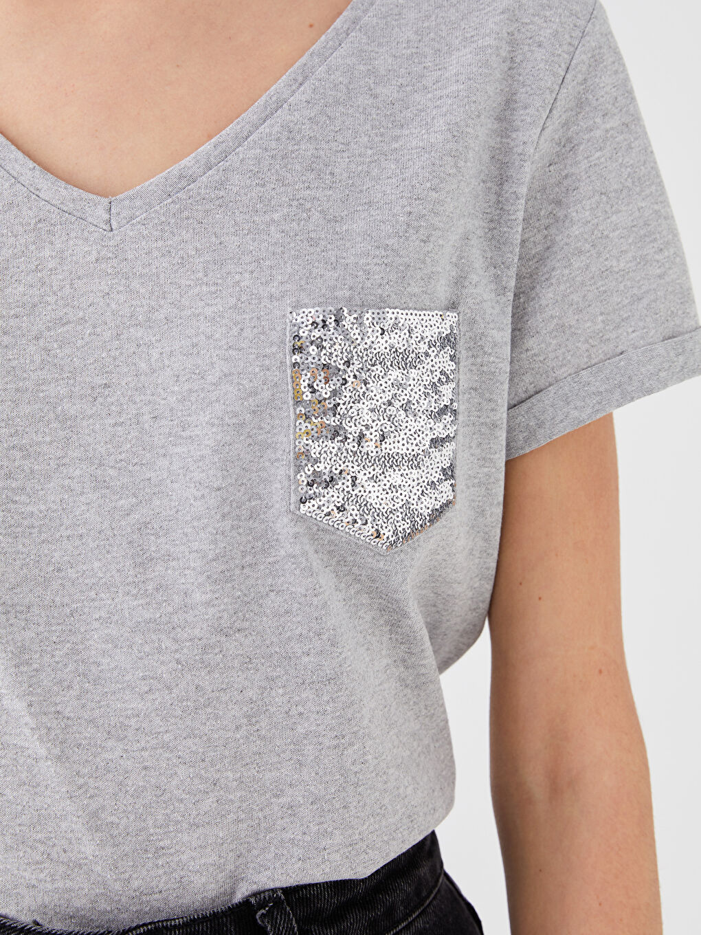 V-Neck Sequin Embroidered Short Sleeve Women's T-Shirt-3