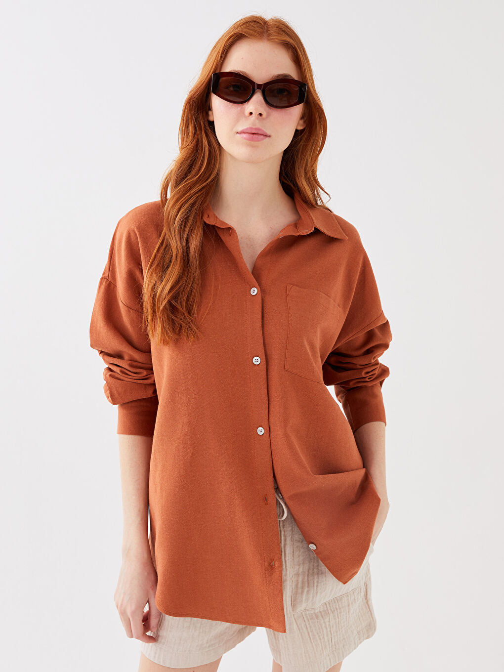 Kahverengi Kadın Düz Uzun Kollu Keten Gömlek