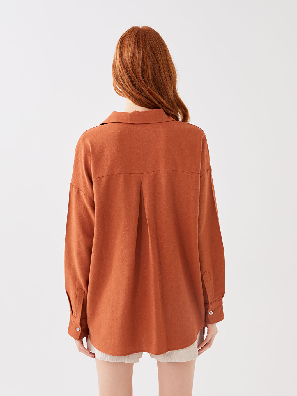 Kahverengi Kadın Düz Uzun Kollu Keten Gömlek-4