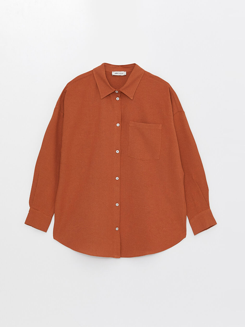 Kahverengi Kadın Düz Uzun Kollu Keten Gömlek-5