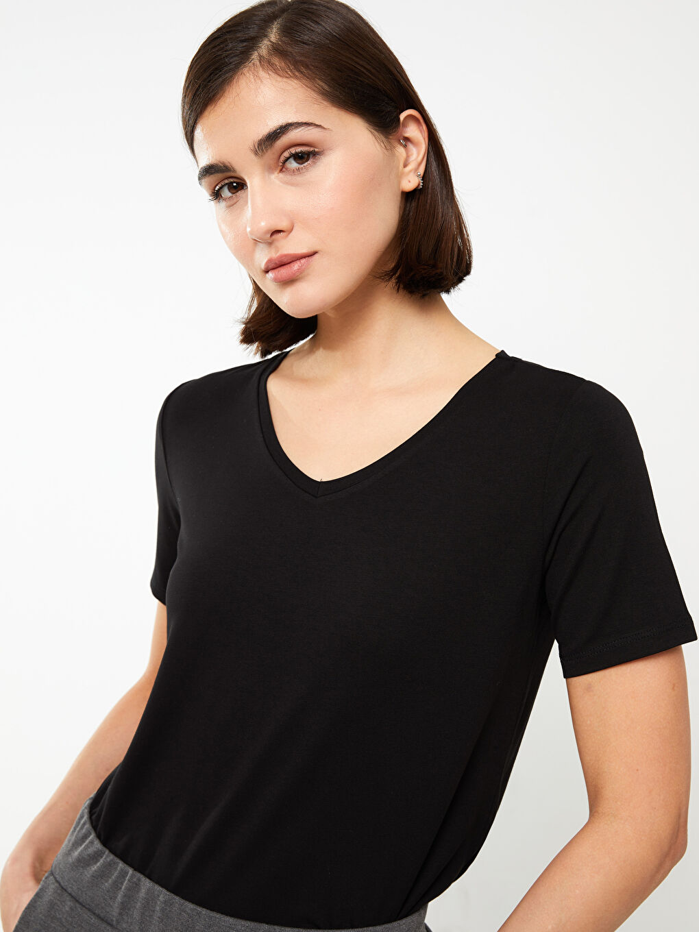 V-Neck Plain Short Sleeve Women's T-Shirt