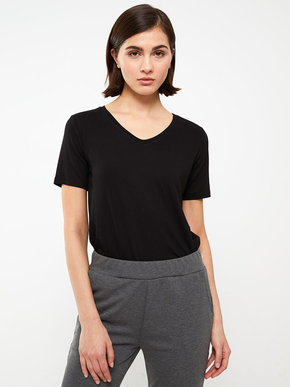 V-Neck Plain Short Sleeve Women's T-Shirt-1