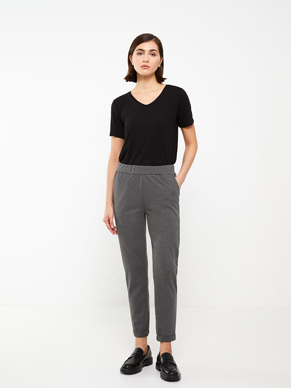 V-Neck Plain Short Sleeve Women's T-Shirt-2