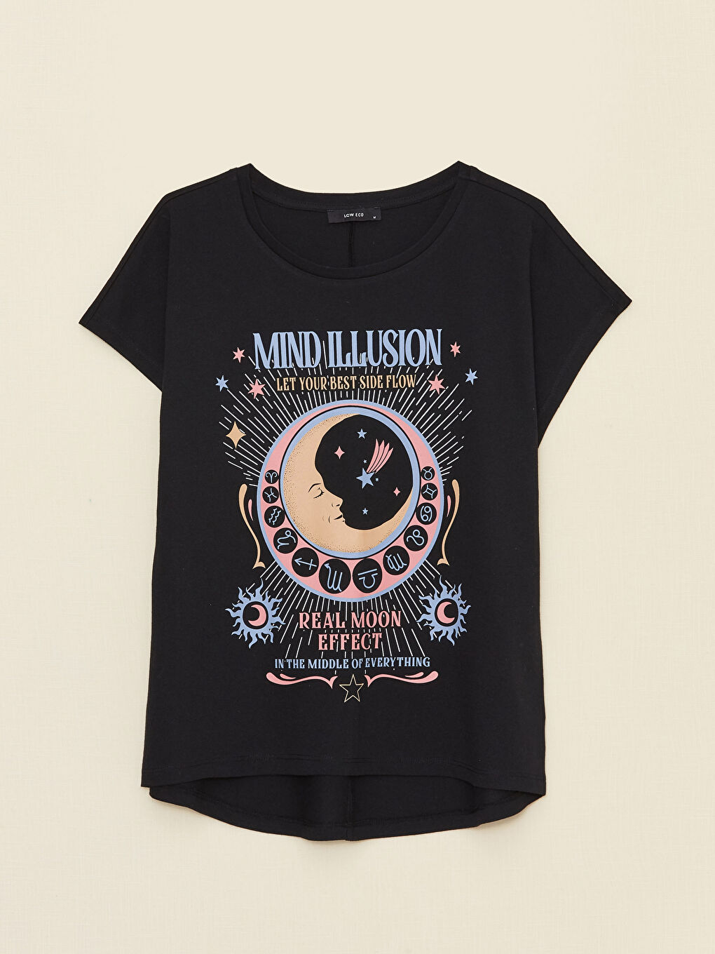 Siyah Bisiklet Yaka Baskılı Kısa Kollu Kadın Tişört-5