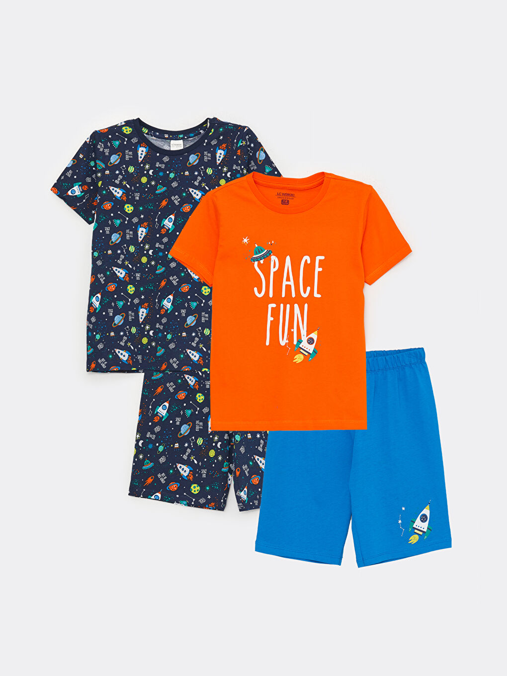 Lacivert Bisiklet Yaka Baskılı Kısa Kollu Erkek Çocuk Şortlu Pijama Takımı 2'li