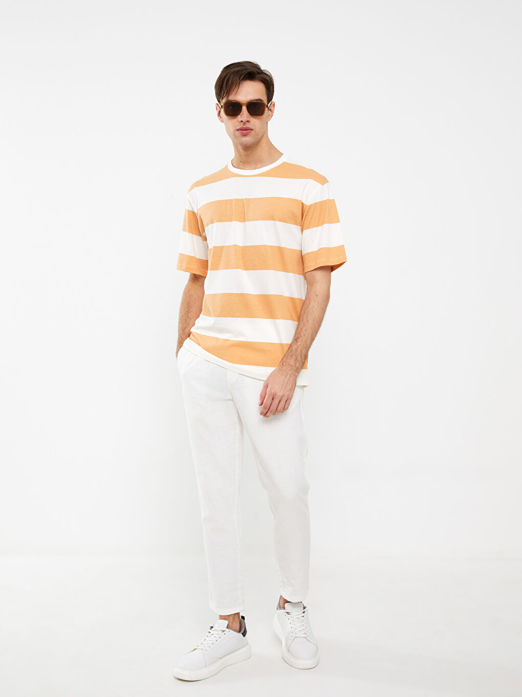 Sarı Bisiklet Yaka Kısa Kollu Renk Bloklu Penye Erkek Tişört-2