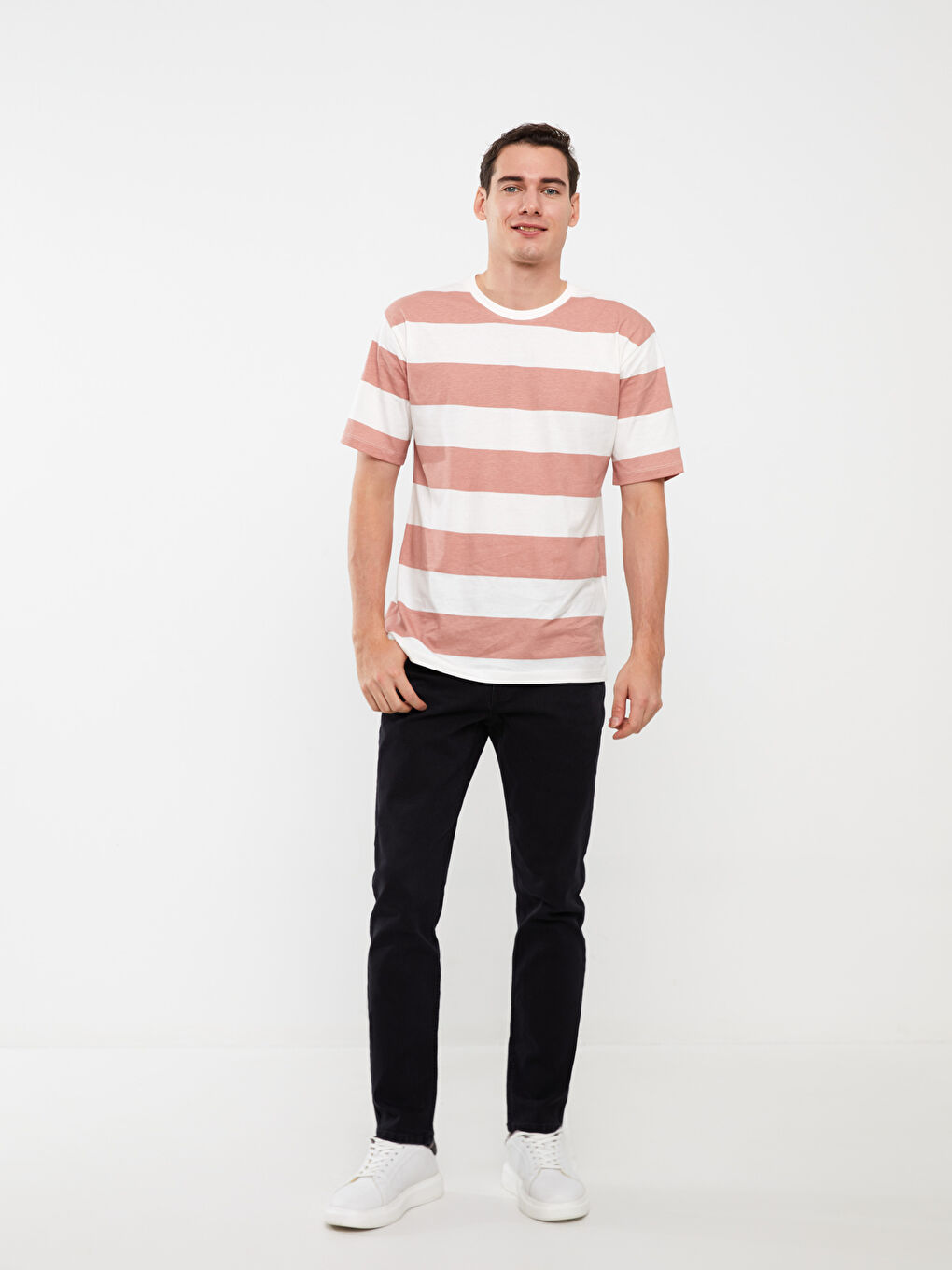 Pembe Bisiklet Yaka Kısa Kollu Renk Bloklu Penye Erkek Tişört-2