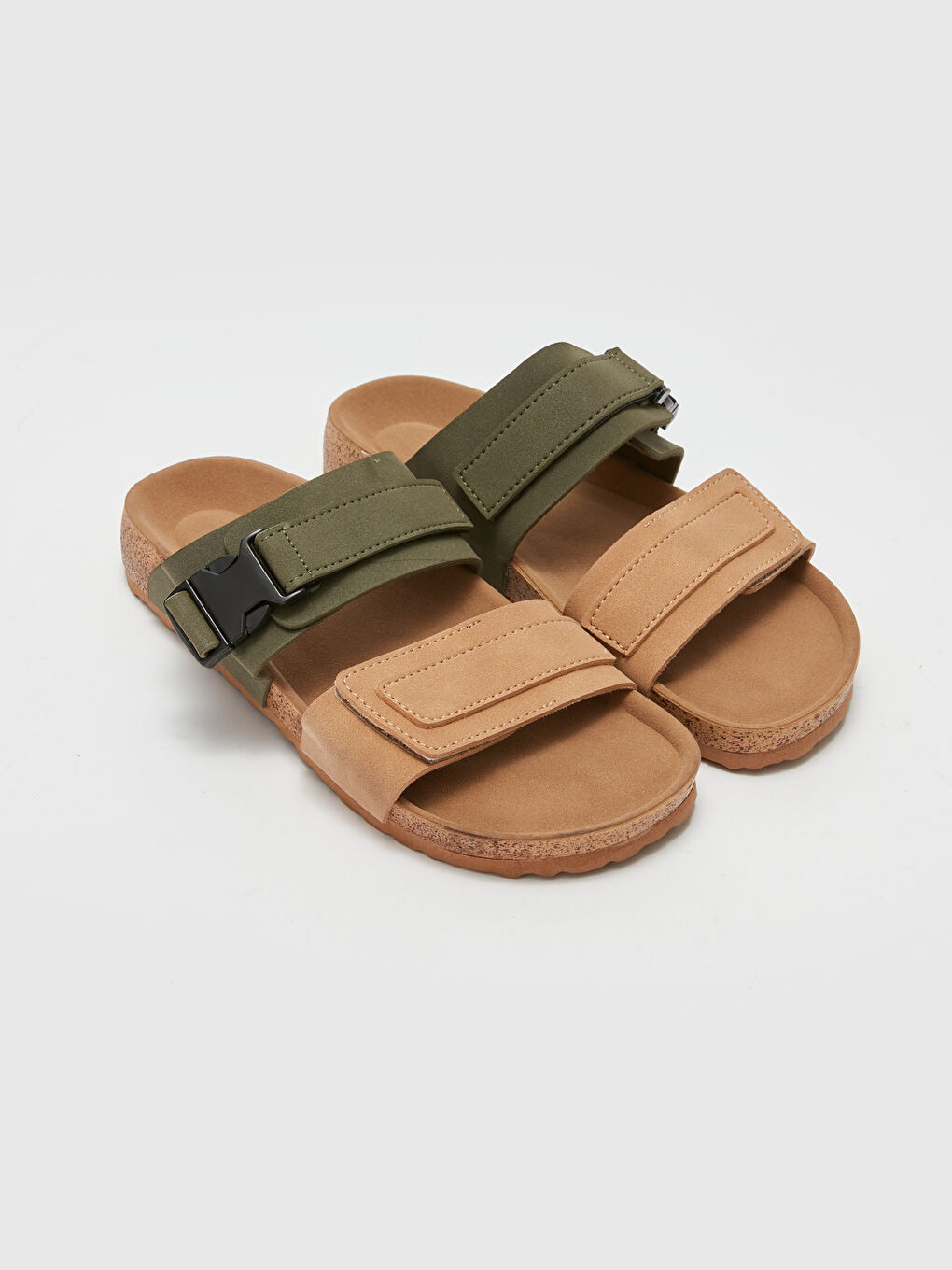 Haki Cırt Cırtlı Çift Bantlı Erkek Sandalet