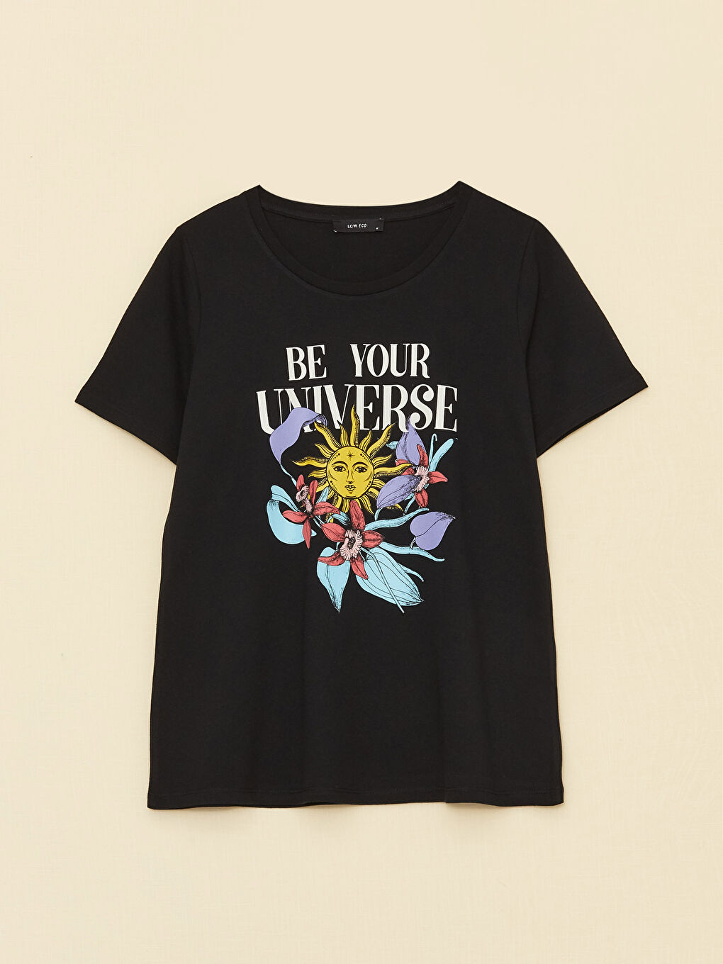 Siyah Bisiklet Yaka Baskılı Kısa Kollu Kadın Tişört-5