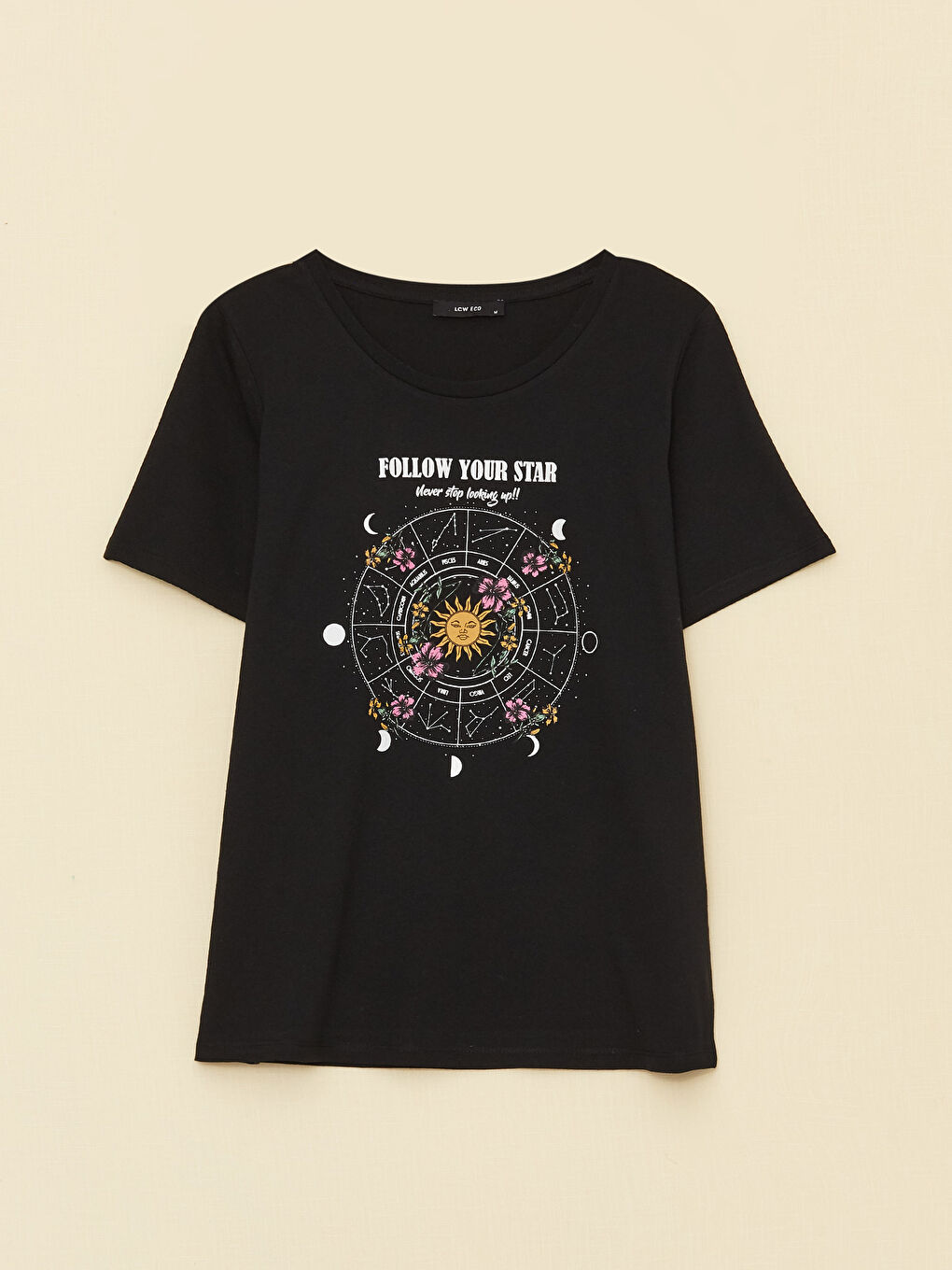 Siyah Bisiklet Yaka Baskılı Kısa Kollu Kadın Tişört-5