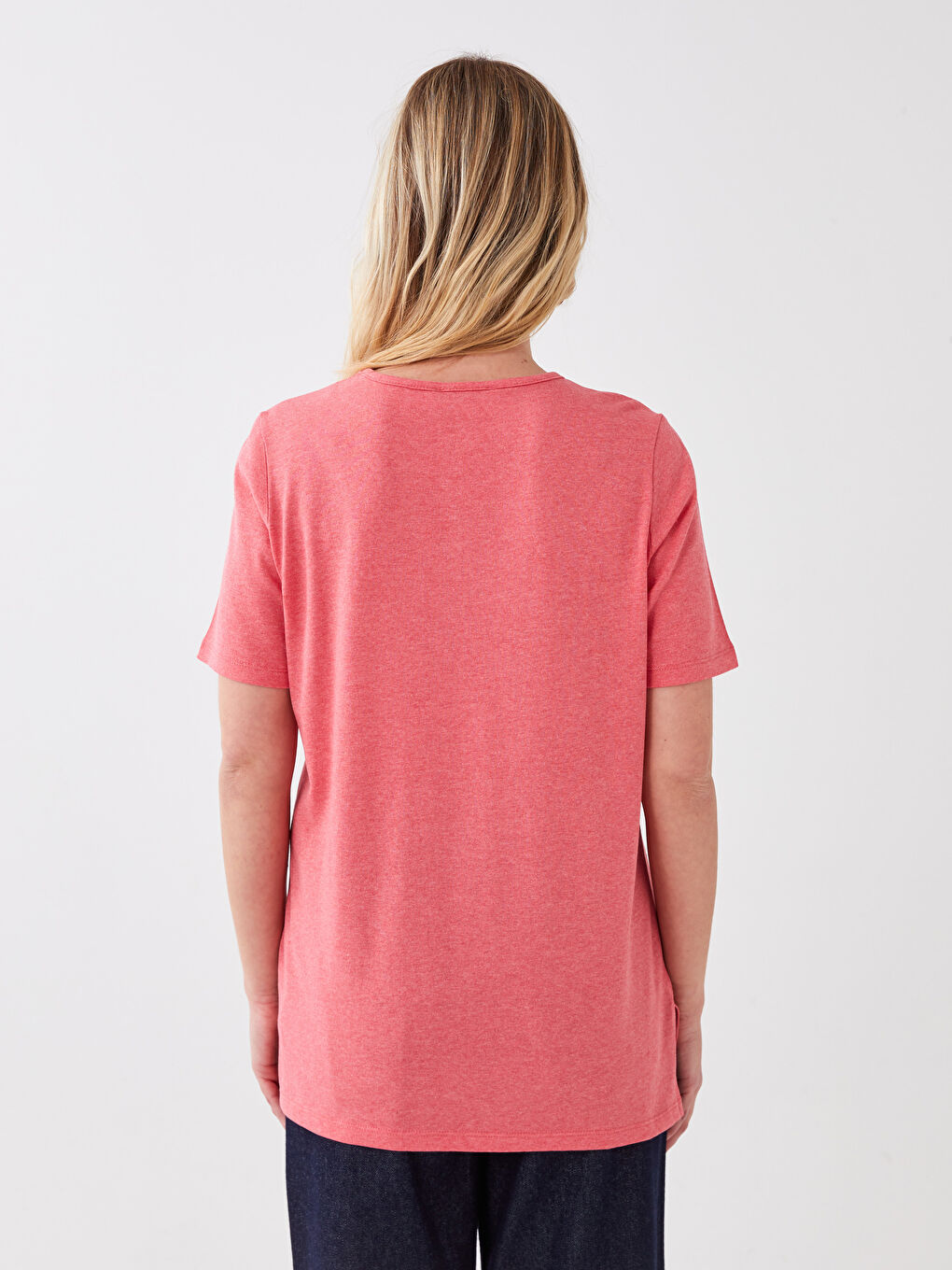Pembe Bisiklet Yaka Düz Kısa Kollu Kadın Tişört-4