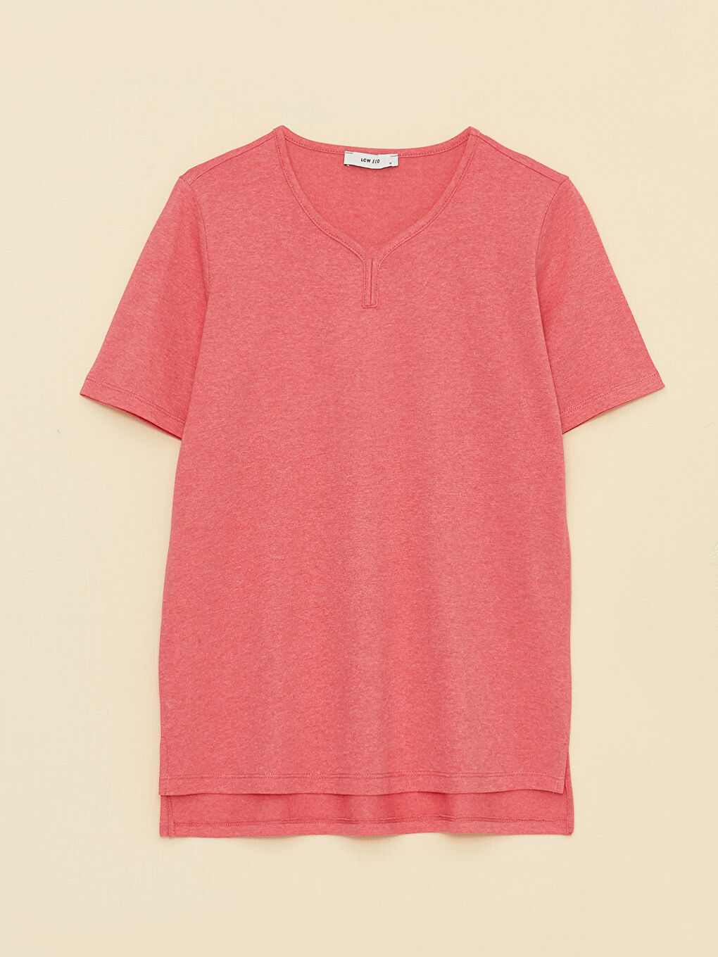 Pembe Bisiklet Yaka Düz Kısa Kollu Kadın Tişört-5