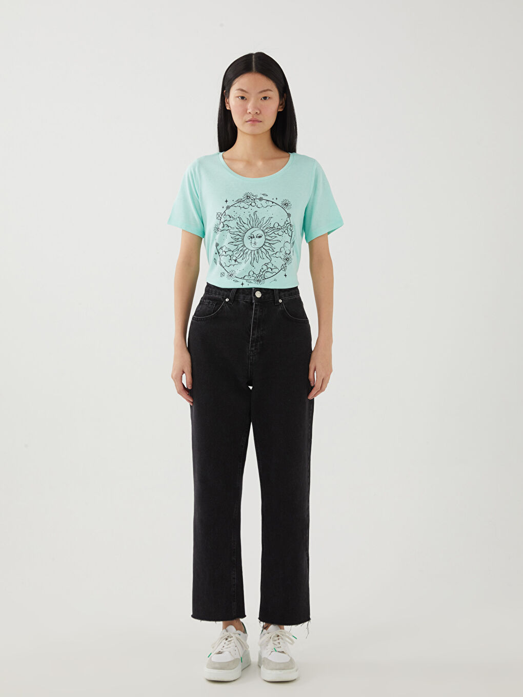 Turkuaz Bisiklet Yaka Baskılı Kısa Kollu Kadın Tişört-2