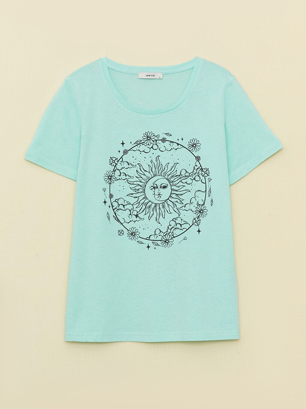 Turkuaz Bisiklet Yaka Baskılı Kısa Kollu Kadın Tişört-4