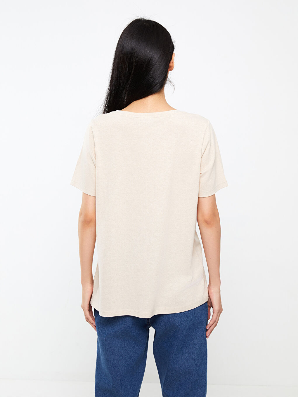 Bej Bisiklet Yaka Baskılı Kısa Kollu Kadın Tişört-4