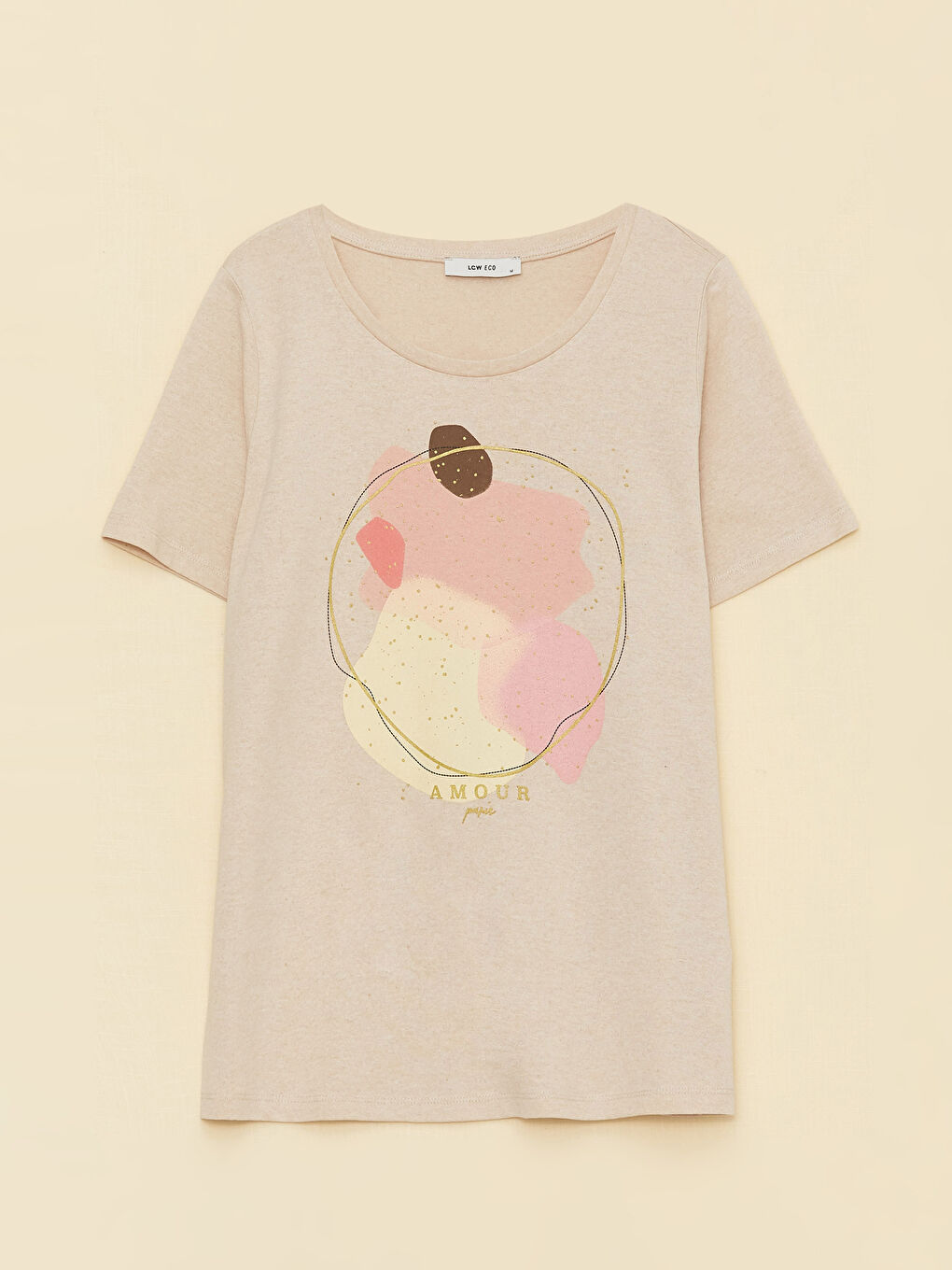 Bej Bisiklet Yaka Baskılı Kısa Kollu Kadın Tişört-5