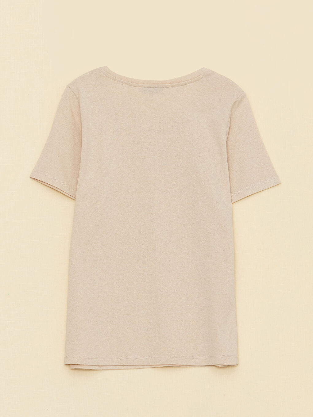 Bej Bisiklet Yaka Baskılı Kısa Kollu Kadın Tişört-6