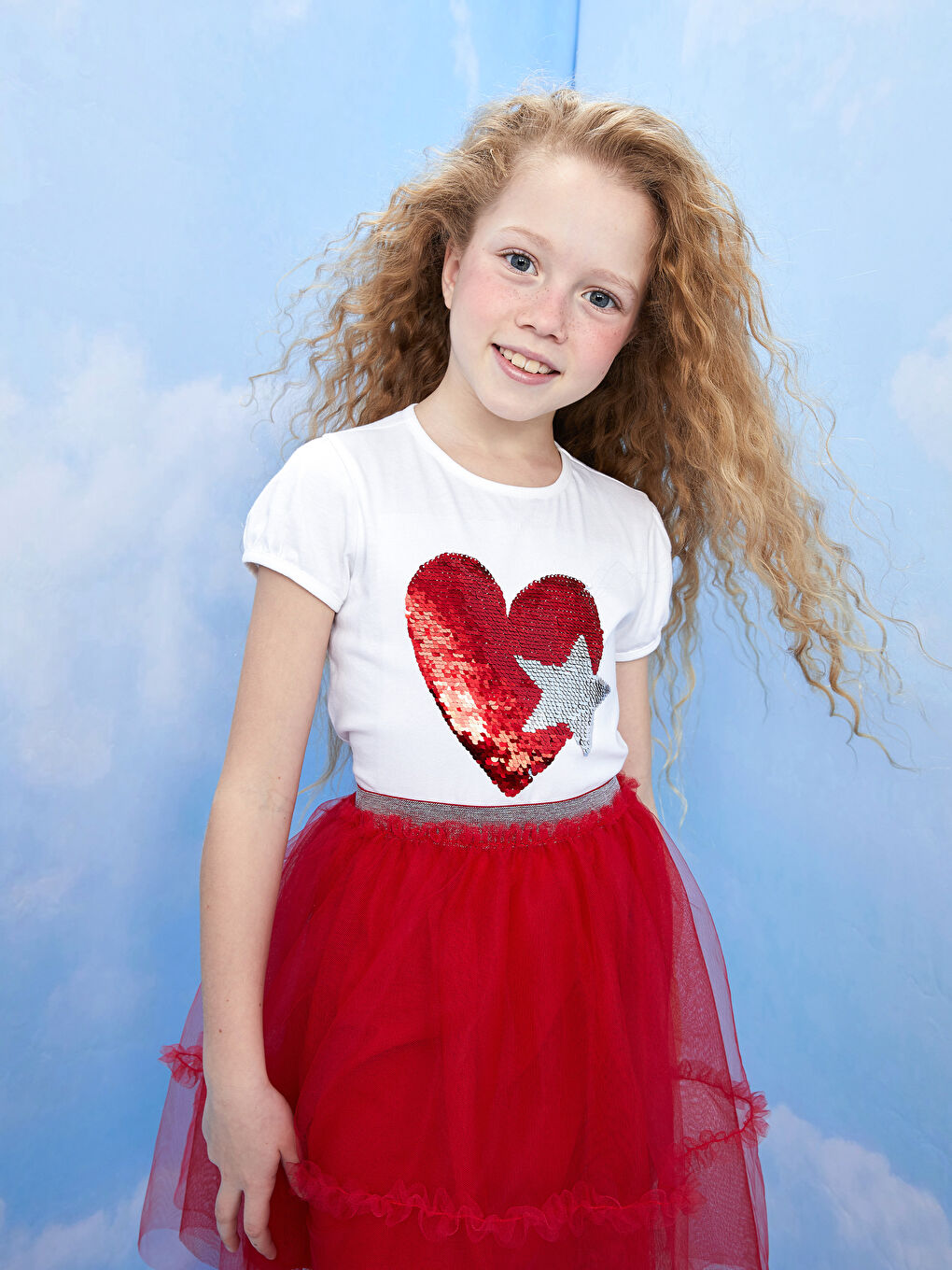 Beyaz Bisiklet Yaka Çift Yönlü Payetli Kısa Kollu Kız Çocuk Tişört-1