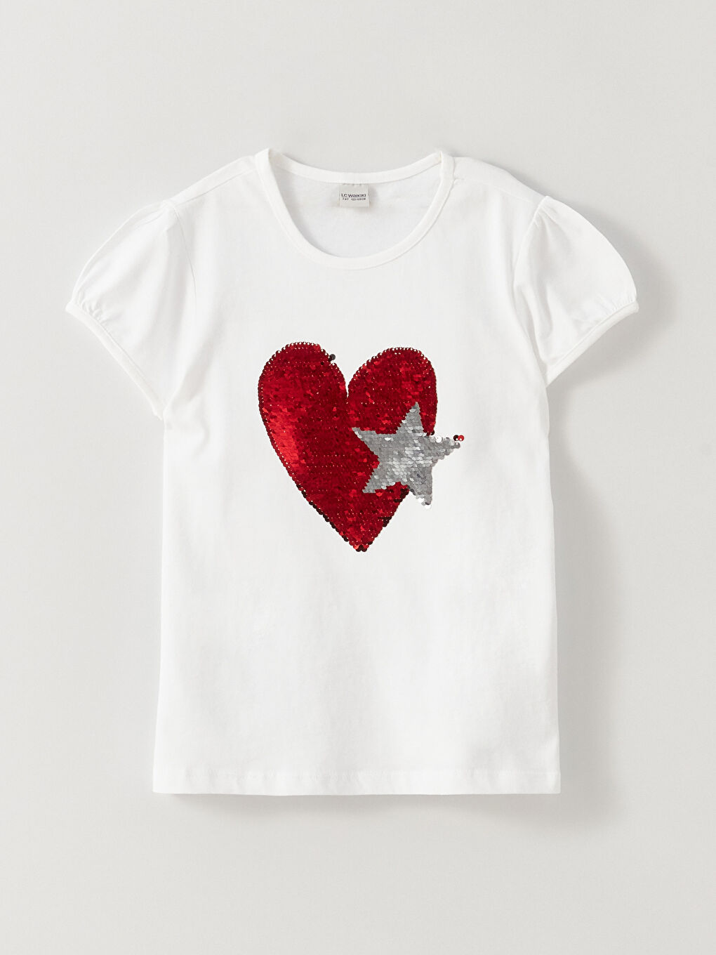 Beyaz Bisiklet Yaka Çift Yönlü Payetli Kısa Kollu Kız Çocuk Tişört-4