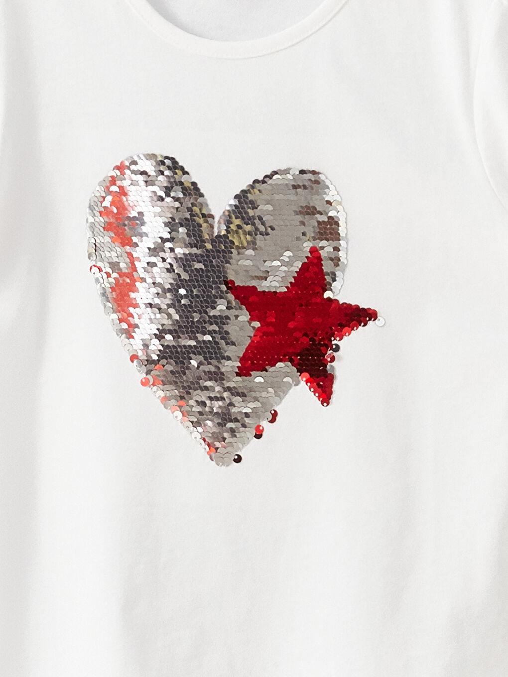 Beyaz Bisiklet Yaka Çift Yönlü Payetli Kısa Kollu Kız Çocuk Tişört-7