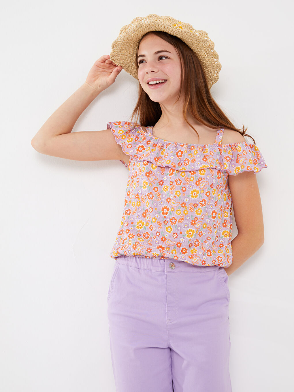 Футболка для девочек с квадратным воротником и узором, короткий рукав-1