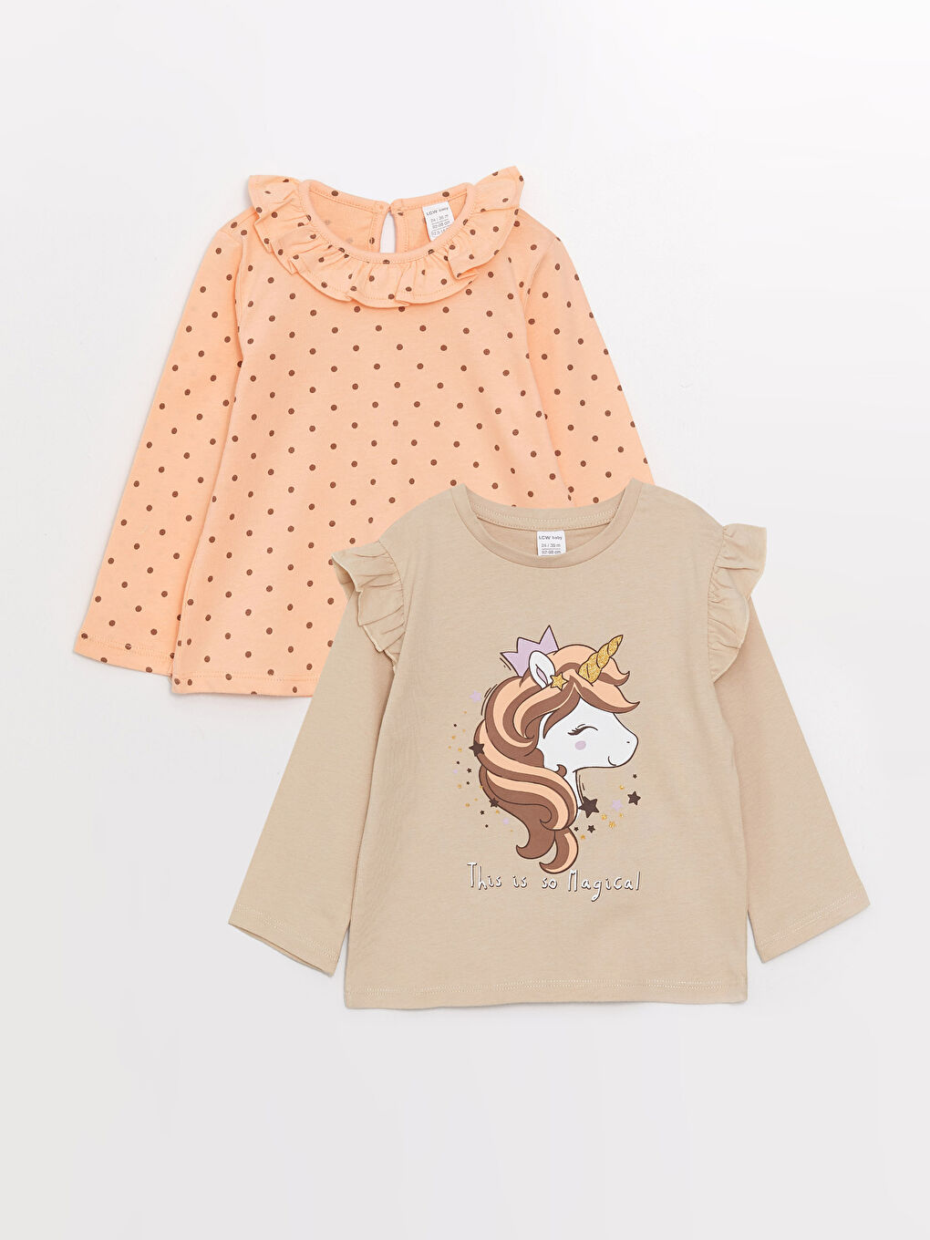 تيشيرت ياقة دائرية كم طويل مطبوع بنات رضع - مجموعة من 2