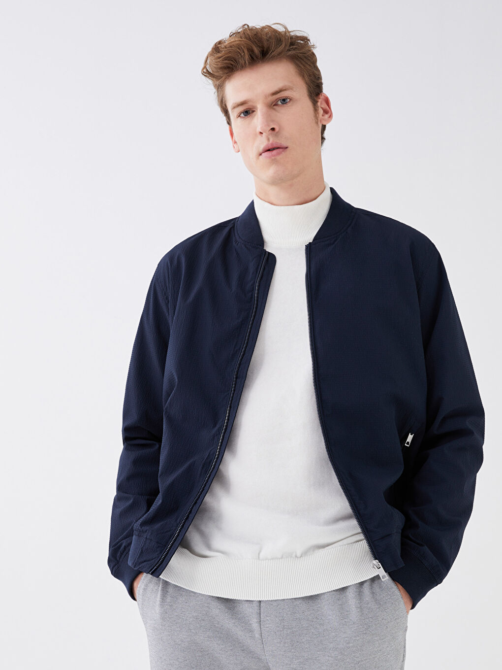 Lacivert Slim Fit Kolej Yaka Bomber Erkek Mont