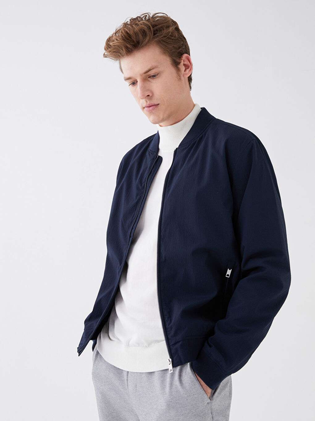 Lacivert Slim Fit Kolej Yaka Bomber Erkek Mont-1