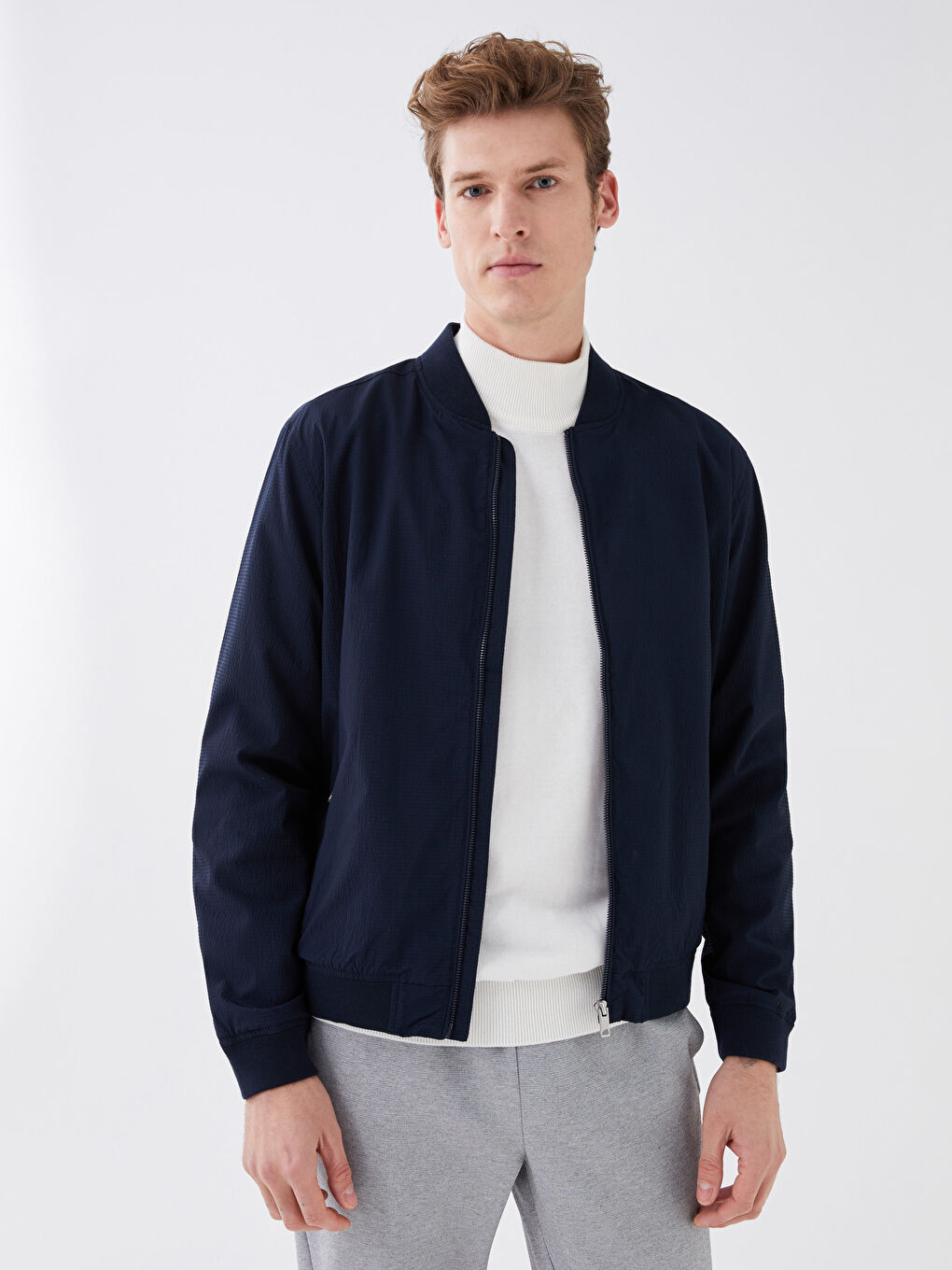 Lacivert Slim Fit Kolej Yaka Bomber Erkek Mont-2