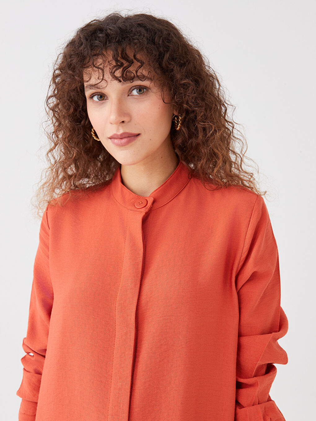 Turuncu Dik Yaka Düz Uzun Kollu Kadın Tunik-2