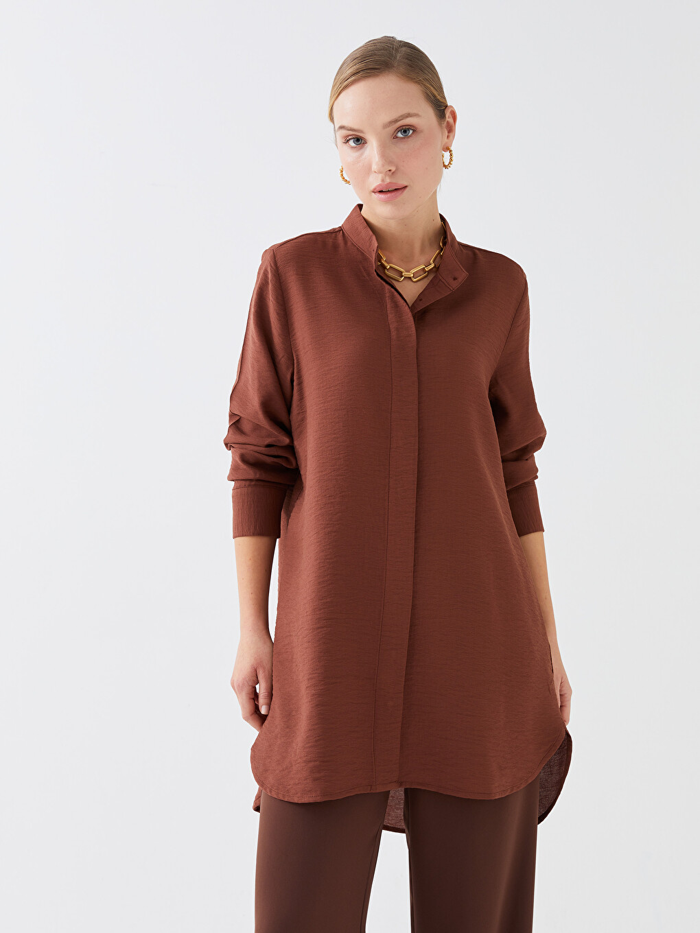 Funnel Neck Plain Long Sleeve Women's Tunic