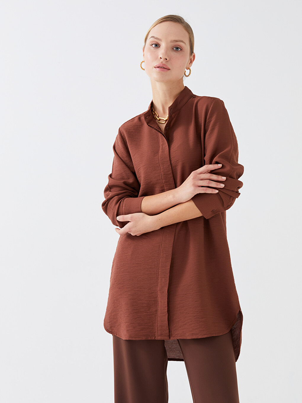 Funnel Neck Plain Long Sleeve Women's Tunic-1