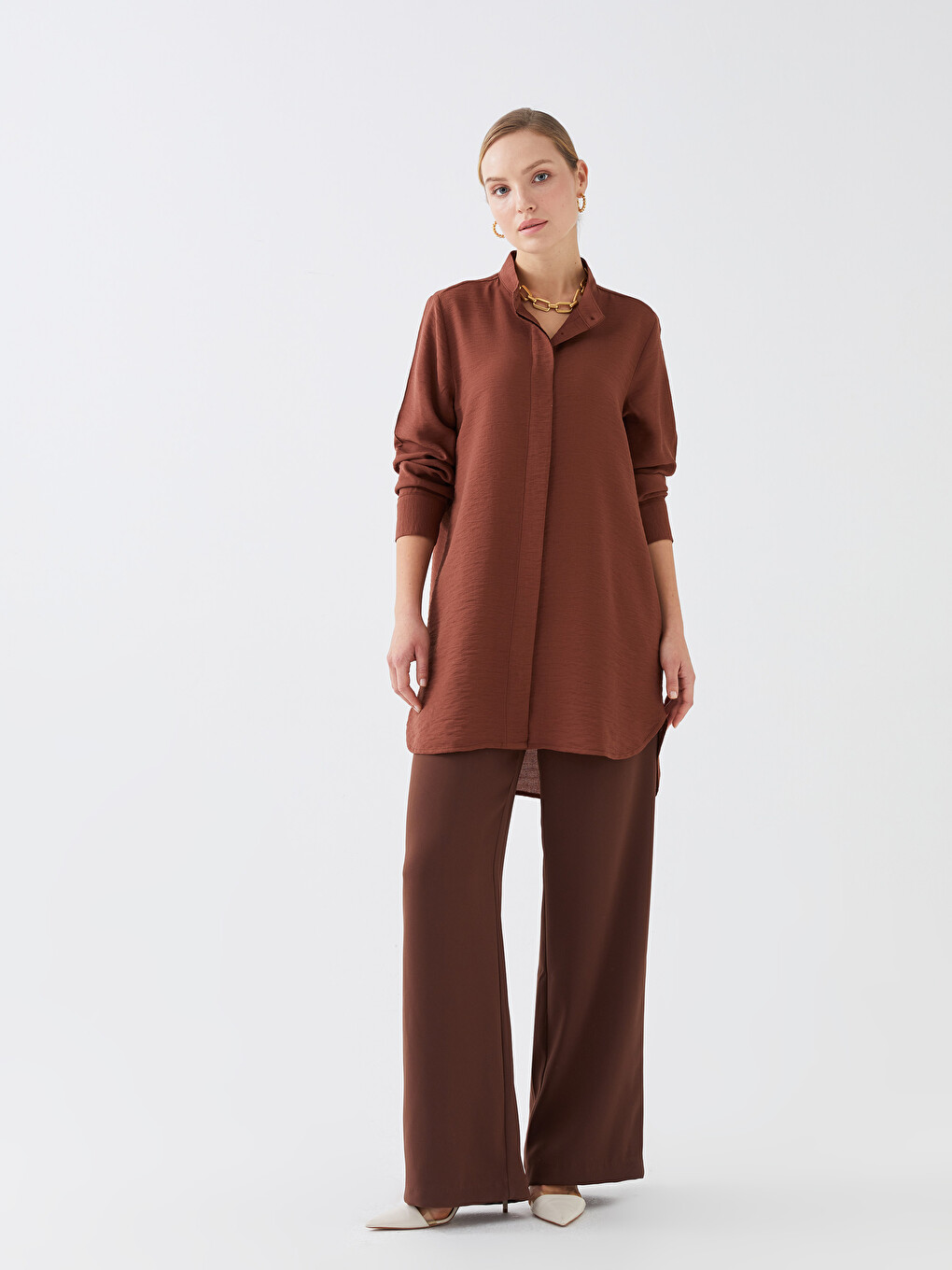 Funnel Neck Plain Long Sleeve Women's Tunic-2