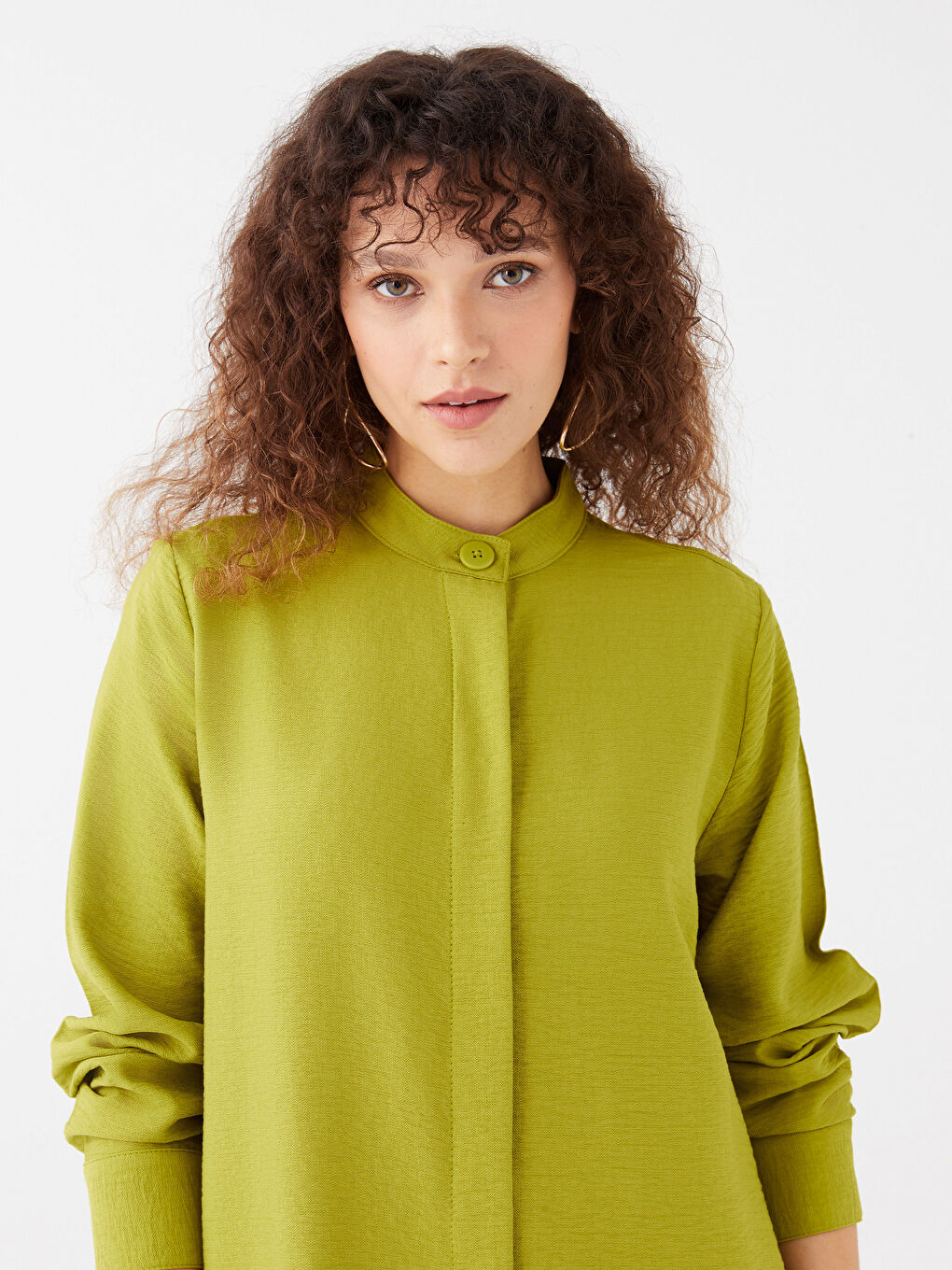 Yeşil Dik Yaka Düz Uzun Kollu Kadın Tunik-2